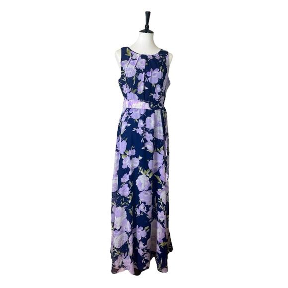 R&K Maxi Dress Chiffon Sleeveless Belted Navy Blue Purple Floral Women’s Size 8 - Picture 1 of 10